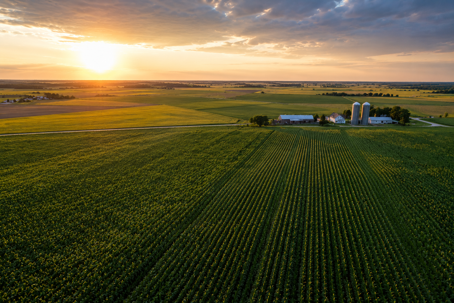 Farmland loans and farm financing for productive agricultural property — aerial view of a farmstead at sunset with cornfields and grain silos.