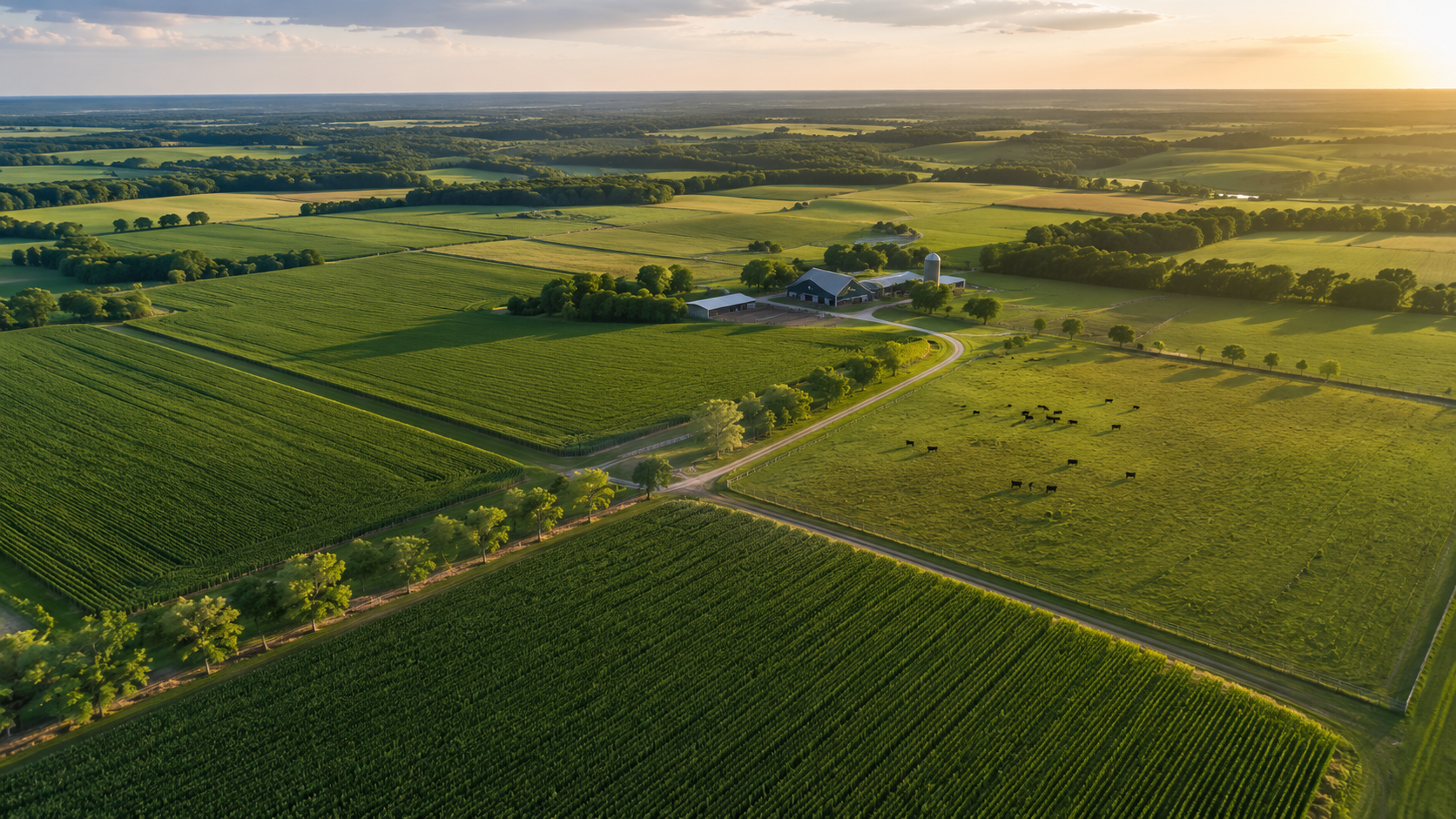 Aerial view of a working farm with crop fields, pasture, and rural acreage