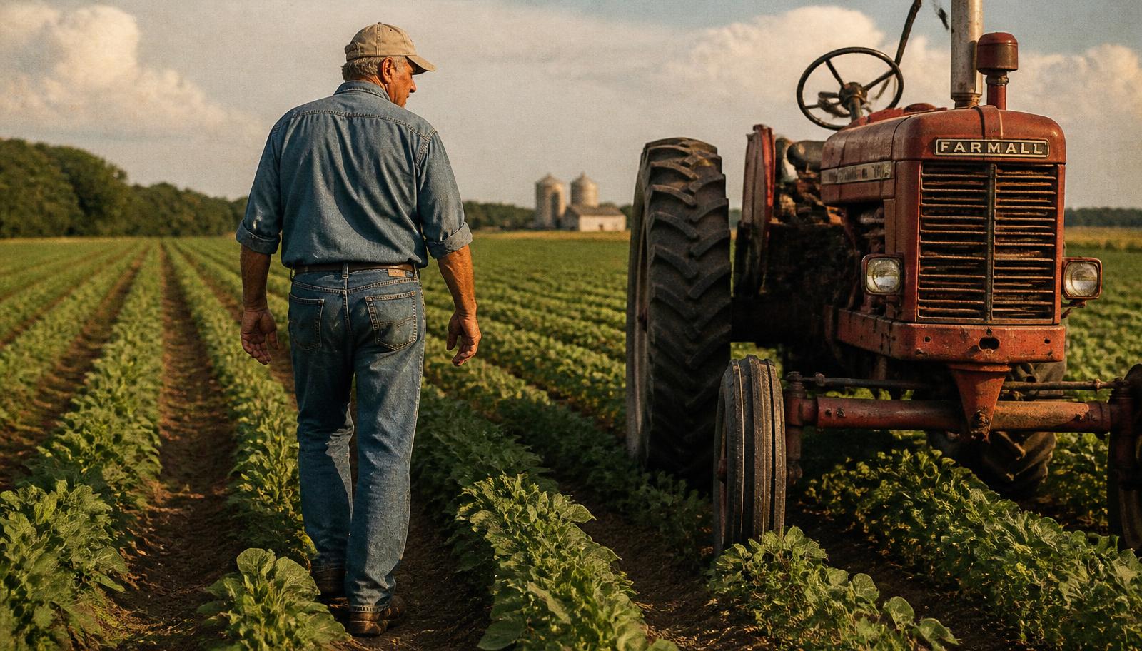 Farmer in denim walking a soybean field beside an older red tractor.