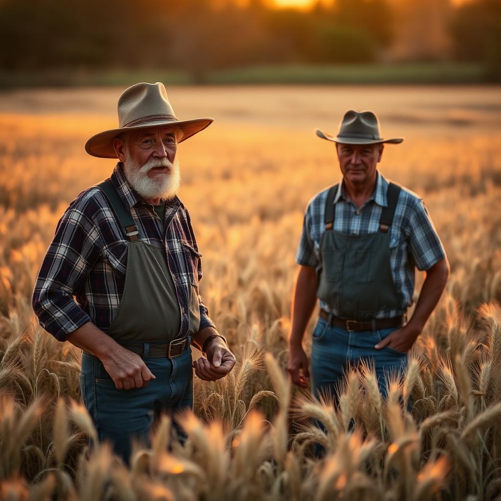 An aging American farmer standing with a younger farmer in a wheat field at golden hour, representing farm succession planning between generations.