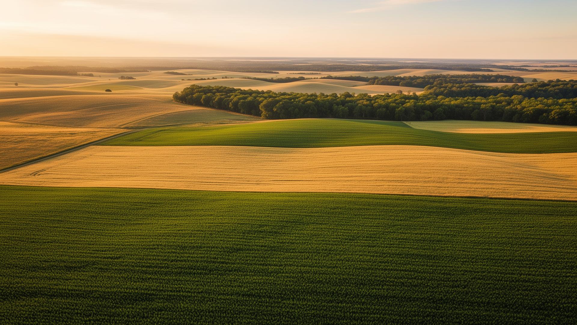 Aerial view of rolling American farmland and forested ranchland at golden hour