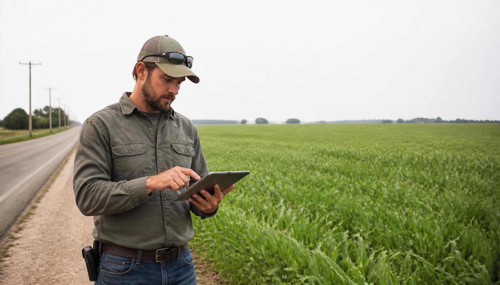 Land buyer reviewing property data on a tablet at the edge of a green field along a rural road.