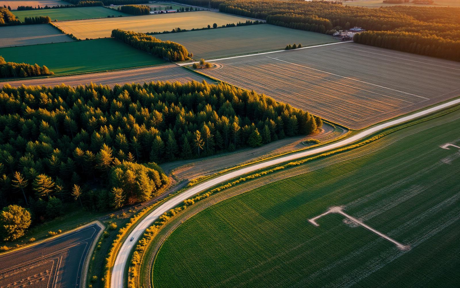 Aerial view of rural American land — farmland, timberland, and pasture — representing land lending for farms, ranches, and investment property.