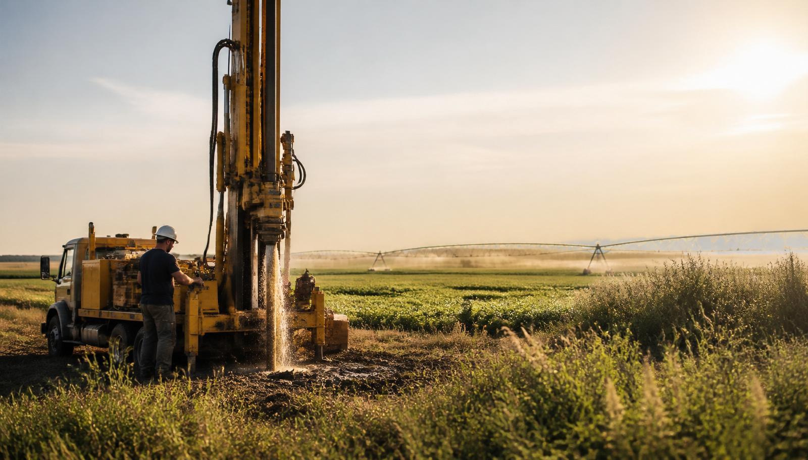 Water well being drilled on rural acreage with pivot irrigation in the distance at golden hour.