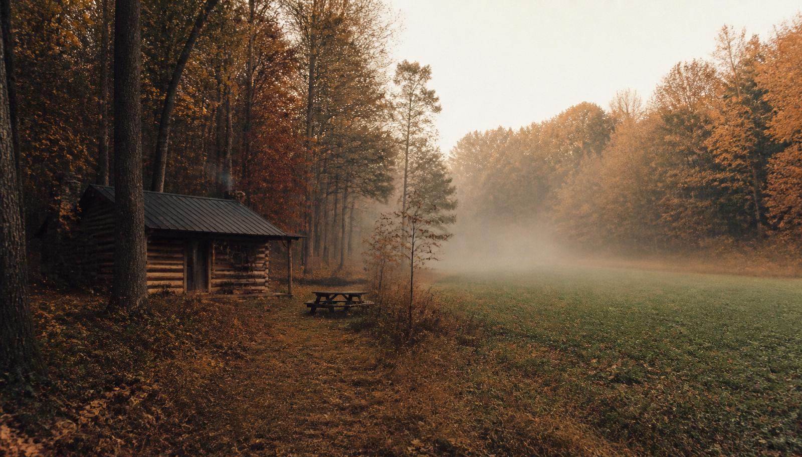 Rustic cabin at the edge of an autumn hardwood forest with morning fog.