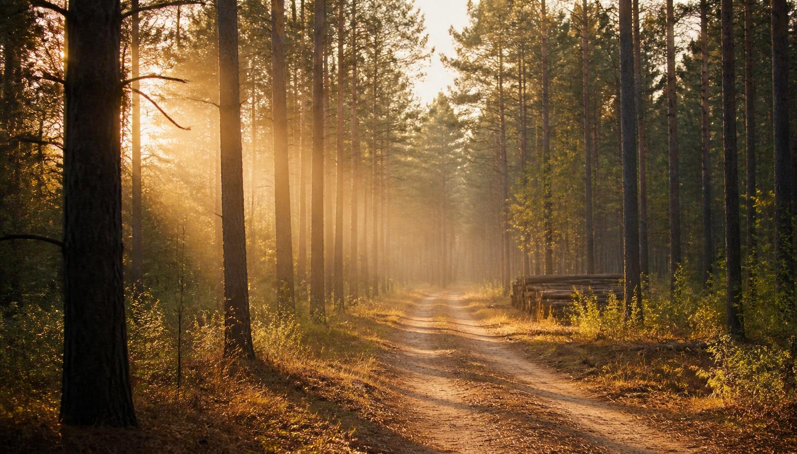 Managed southern pine timberland with sunlight through trunks along a dirt logging road.